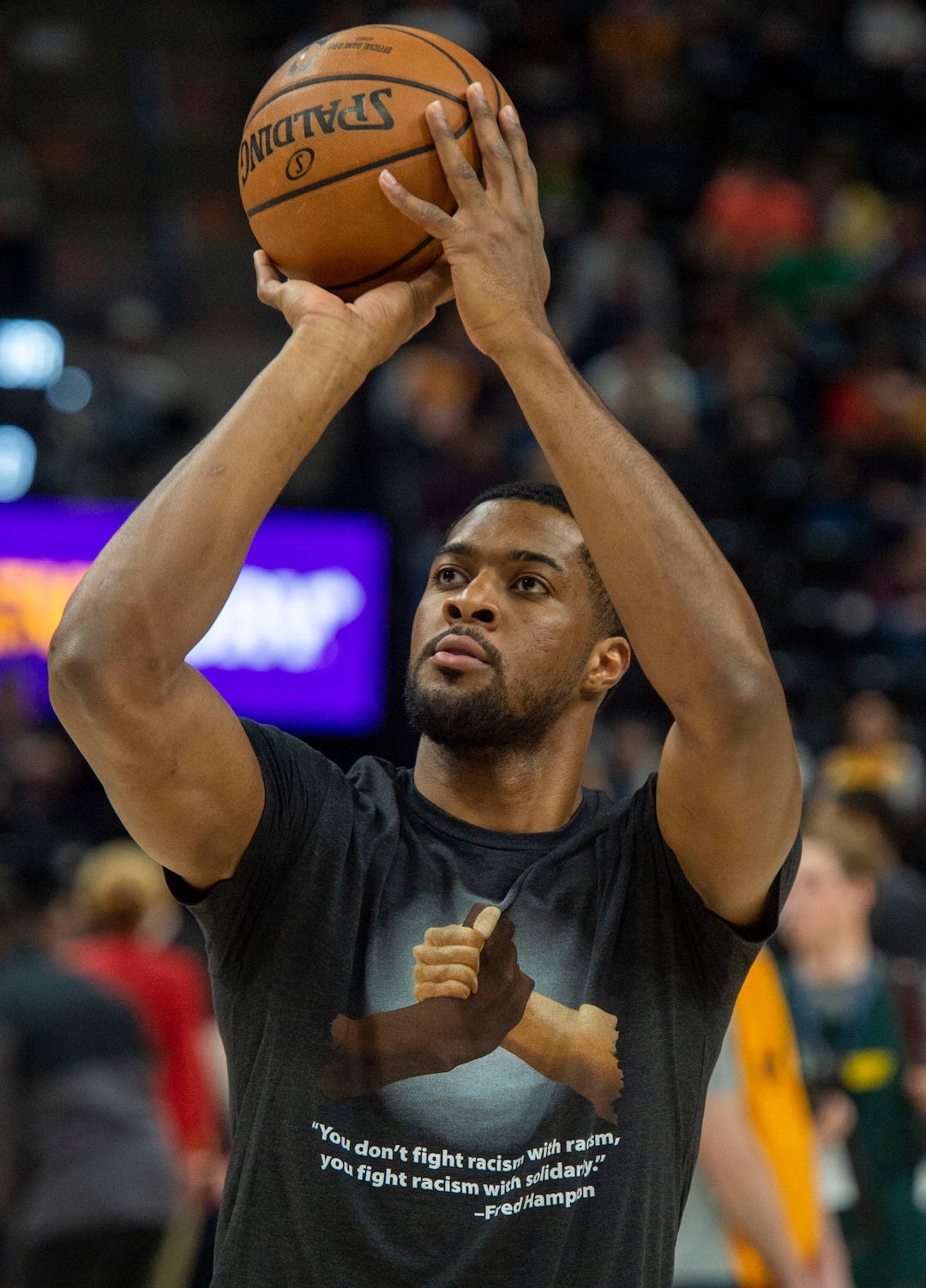 (Rick Egan  |  The Salt Lake Tribune)  Utah Utah Jazz forward Derrick Favors (15) along with players from both teams, warms up wearing a Solidarity t-shirt,  before NBA action between Utah Jazz and Brooklyn Nets at Vivint Smart Home Arena, Saturday, March 17, 2019.