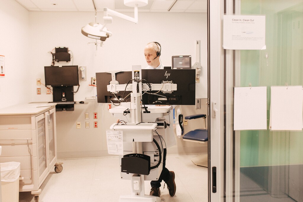 Dr. Paul Casey makes a video call at Rush University Medical Center in Chicago on March 6, 2020. Amid the uncertainty swirling around the coronavirus pandemic some experts recommend that older adults at risk cancel nonessential doctor’s appointments, including wellness visits, instead to consider using Telemedicine sessions, if available, as a reasonable substitute. (Danielle Scruggs/The New York Times)