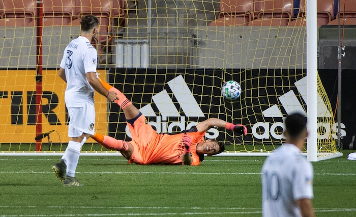 (Francisco Kjolseth  |  The Salt Lake Tribune) Los Angeles Galaxy goalkeeper David Bingham (1) allows the second goal of the night by Real Salt Lake midfielder Damir Kreilach (8) as Real Salt Lake hosts L.A. Galaxy at Rio Tinto Stadium in Sandy on Wednesday, Sept. 23, 2020.