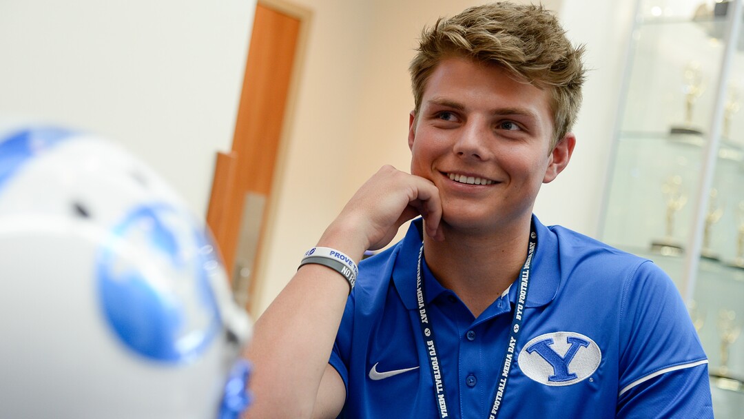 (Francisco Kjolseth  |  The Salt Lake Tribune)  Quarterback Zach Wilson runs through numerous interviews during BYU football media day at the BYU Broadcasting Building in Provo on Tuesday, June 18, 2019.