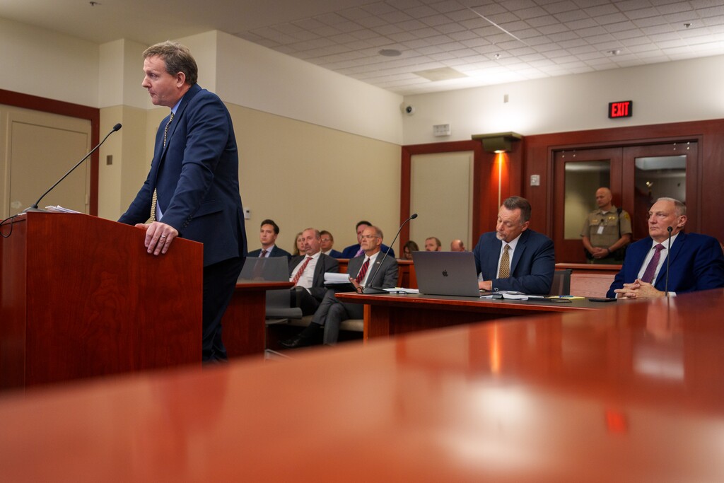 (Trent Nelson  |  The Salt Lake Tribune) Attorney Lance Sorenson at a hearing on a lawsuit by R. Quin Denning, far right, seeking to remove Celeste Maloy as a candidate in the race to replace Rep. Chris Stewart in Congress, in Salt Lake City on Monday, July 31, 2023.