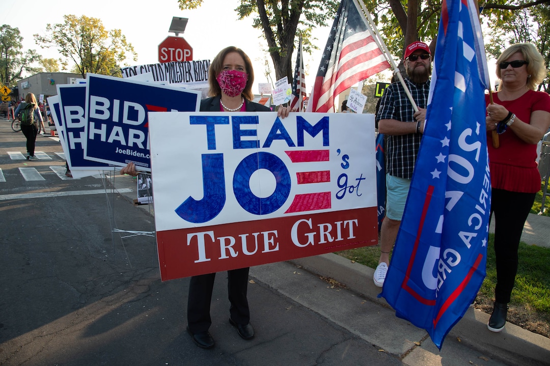 (Francisco Kjolseth  |  The Salt Lake Tribune) Mosie Boyd of Arkansas counterprotests supporters of President Donald Trump as they rally outside of Kingsbury Hall on the University of Utah campus in Salt Lake City on Wednesday, Oct. 7, 2020, before the vice presidential debate.