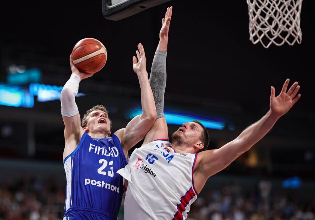 (Getty Images via The Athletic)
Finland's Lauri Markkanen, left, goes to the basket against Serbia's Nikola Jokic during Finland's victory in a Eurobasket 2025 Round of 16 game on Saturday, Sept. 6, 2025, in Riga, Latvia.