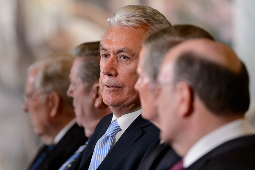 (Trent Nelson | The Salt Lake Tribune) Dieter F. Uchtdorf sits with other members of the Quorum of the Twelve Apostles at a news conference in the lobby of the Church Office Building in Salt Lake City, Tuesday, Jan. 16, 2018. Russell M. Nelson was named the 17th president of the nearly 16 million-member Church of Jesus Christ of Latter-day Saints.