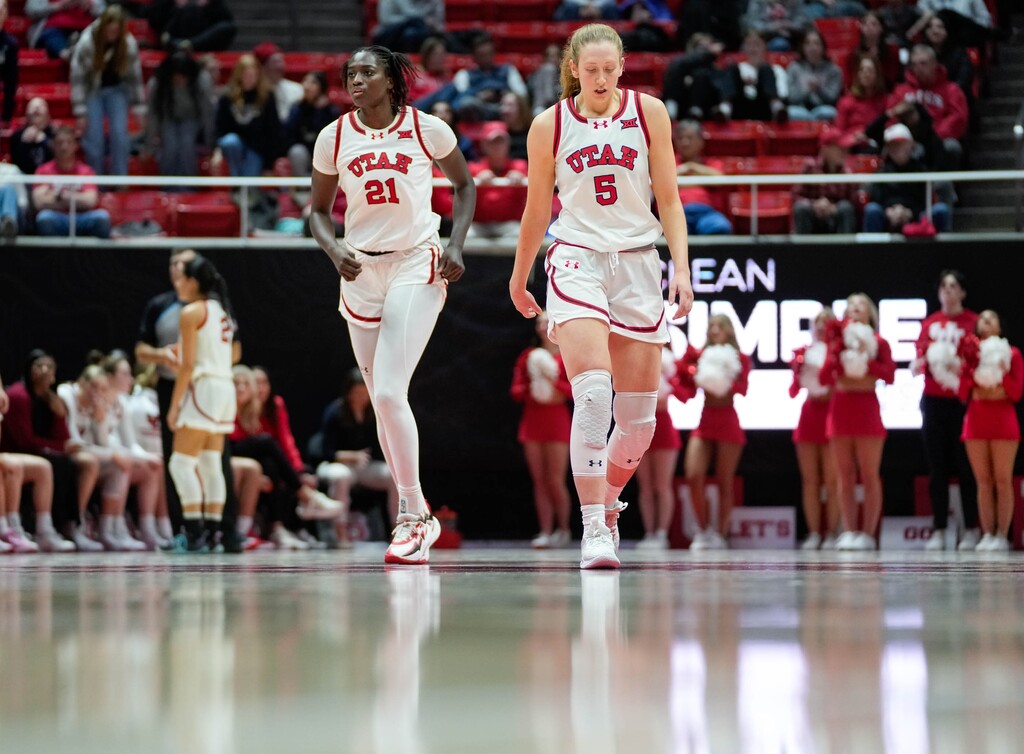 (Francisco Kjolseth  | The Salt Lake Tribune) Utah Utes forward Maye Toure (21) and Utah Utes guard Gianna Kneepkens (5) as Utah hosts the Kansas Jayhawks in NCAA basketball in Salt Lake City on Wednesday, Jan. 22, 2025.