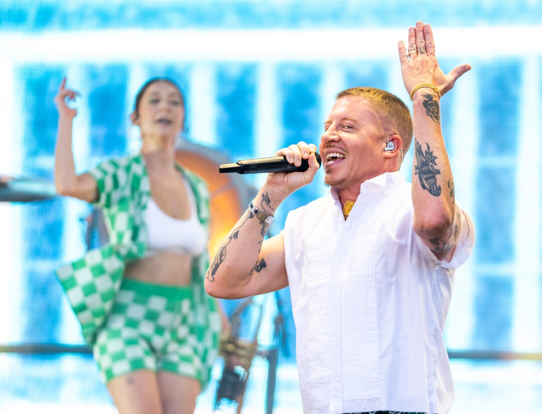 (Rick Egan | The Salt Lake Tribune)  Macklemore performs at Rice-Eccles Stadium, on Friday, Aug. 5, 2022.