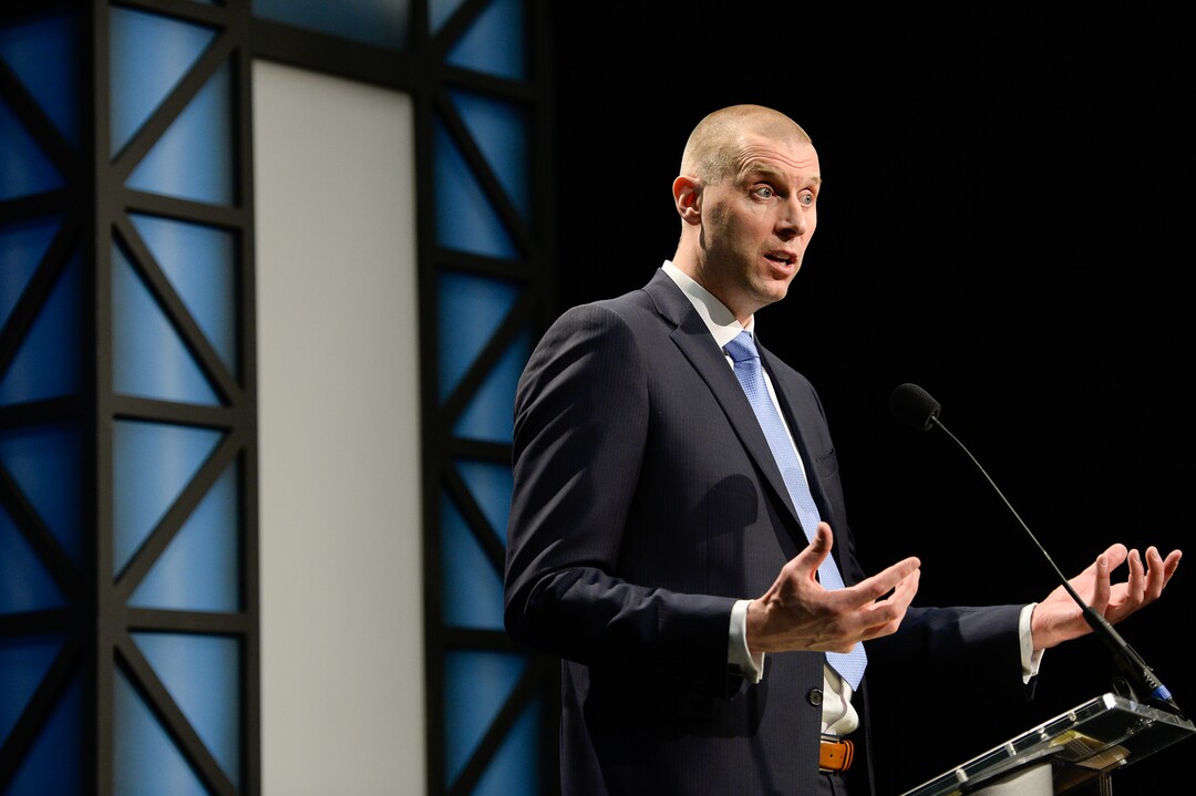 (Francisco Kjolseth  |  The Salt Lake Tribune)  BYU announces Mark Pope as its new head basketball coach during a press event at the BYU broadcasting building on Wed. April 10, 2019.