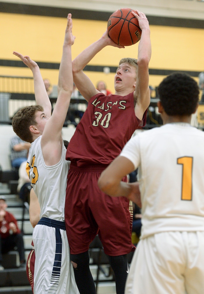 (Leah Hogsten  |  The Salt Lake Tribune) Juab's Kollin Robertson hits the bucket. Juab High School boys' basketball team defeated Summit Academy 61-58 during their 3A State tournament game in Heber  Saturday, Feb. 16, 2018.