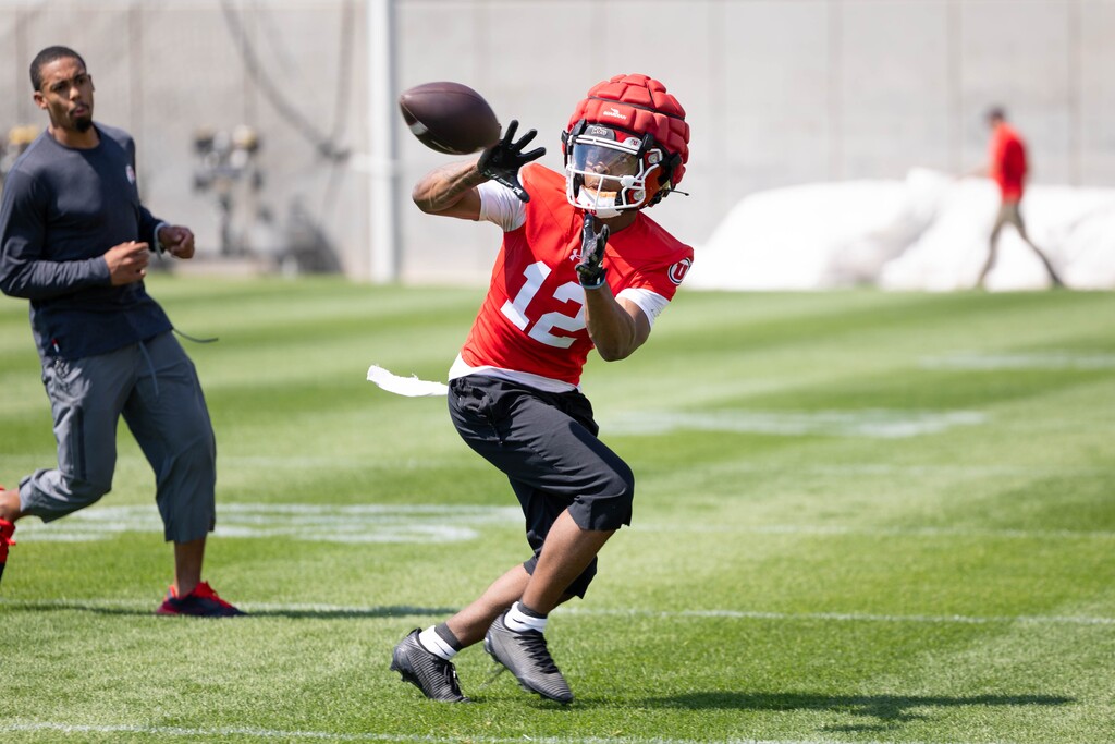 (Anna Fuder | Utah Athletics) Wide reciever Larry Simmons participates in Utah football practice in Salt Lake City, Wednesday, July 30, 2025.