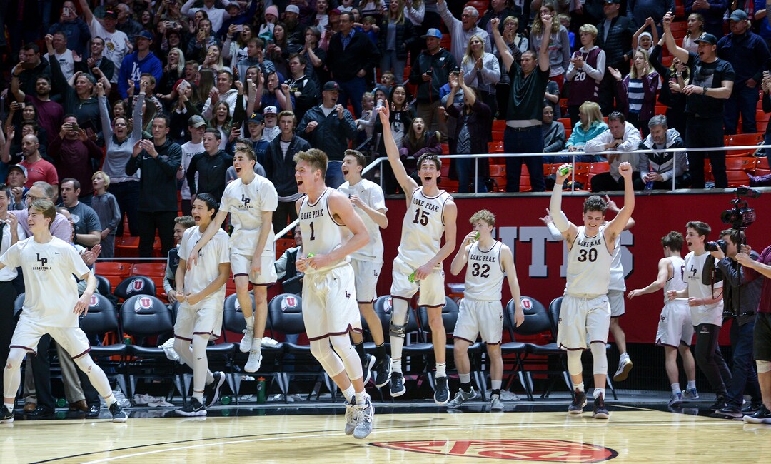 (Leah Hogsten  |  The Salt Lake Tribune) Lone Peak celebrates the win. Lone Peak defeated Pleasant Grove 61-44 to win the 6A High School BoysÕ Basketball Tournament Championship at the Jon M. Huntsman Center in Salt Lake City, Saturday, March 3, 2018. 
