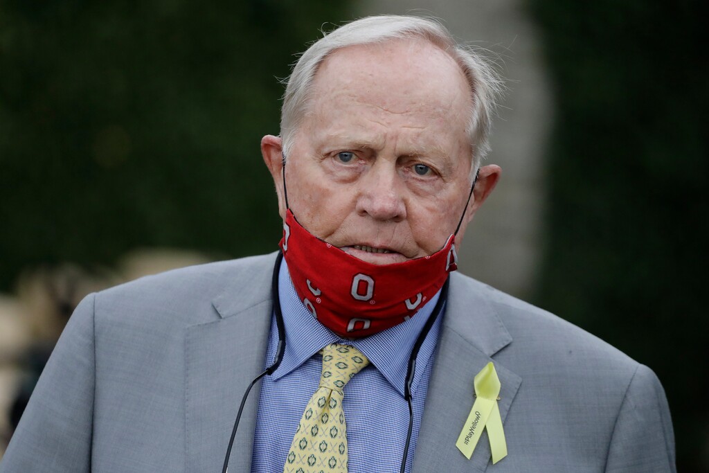 Jack Nicklaus watches during the final round of the Memorial golf tournament, Sunday, July 19, 2020, in Dublin, Ohio. (AP Photo/Darron Cummings)