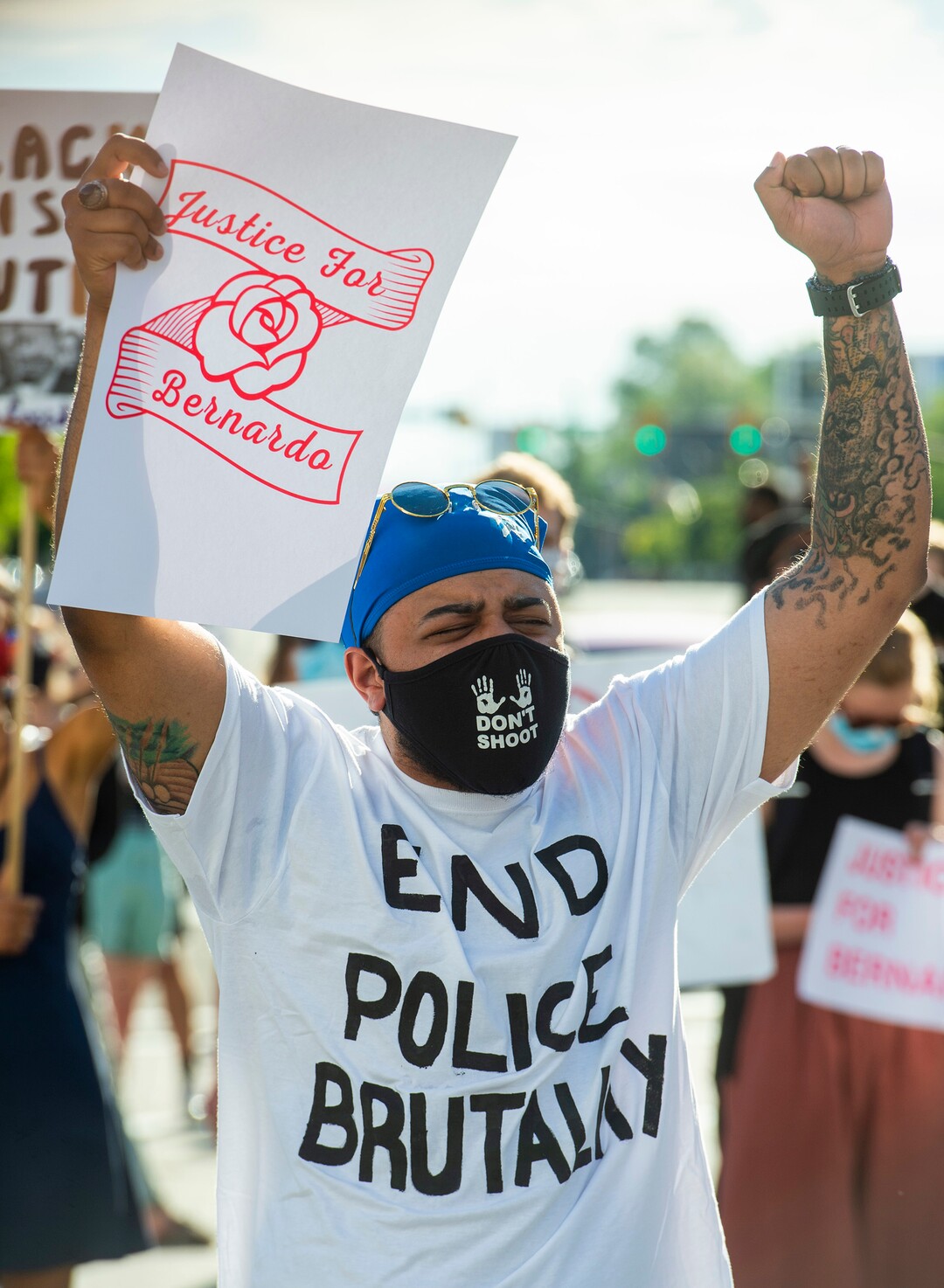 (Rick Egan  |  The Salt Lake Tribune)    Hayden Natt joins with marchers, during a Justice for Bernardo protest in Salt Lake City, on Wednesday, June 24, 2020.