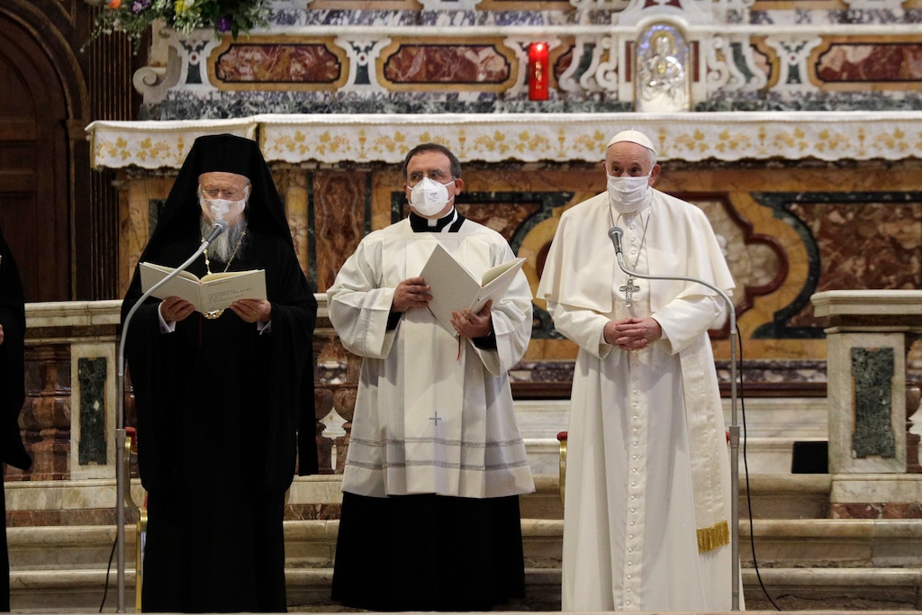 Pope Francis and Bartolomew I, Patriarch of Constantinopolis, attend a inter-religious ceremony for peace in the Basilica of Santa Maria in Aracoeli, in Rome Tuesday, Oct. 20, 2020 (AP Photo/Gregorio Borgia)