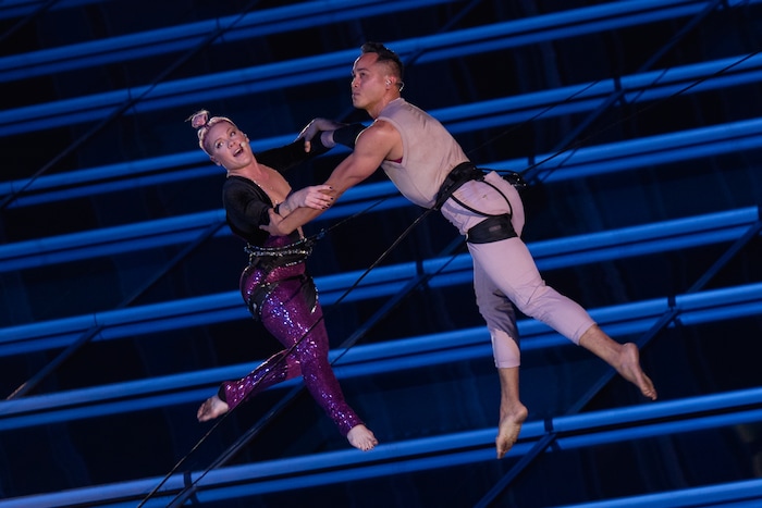 (Photo courtesy of Katherine Barcsay) Oakland, Calif.-based “vertical dance” company BANDALOOP performs with pop star P!nk on the JW Marriott building in Los Angeles at the 2017 American Music Awards. BANDALOOP will be appearing at the Utah Arts Festival June 21-24, and will perform twice daily (5:30 and 7 p.m.) on the six-story library glass wall above the reflecting pool.