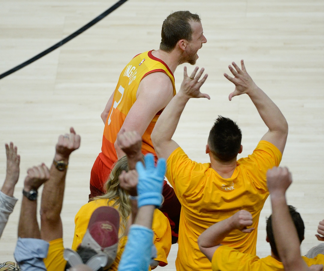 (Francisco Kjolseth  |  The Salt Lake Tribune)  Utah Jazz forward Joe Ingles (2) celebrates a three pointer in the final second of the first half against the Rockets in Game 3 of a first-round NBA basketball playoff series in Salt Lake City, Saturday, April 20, 2019.