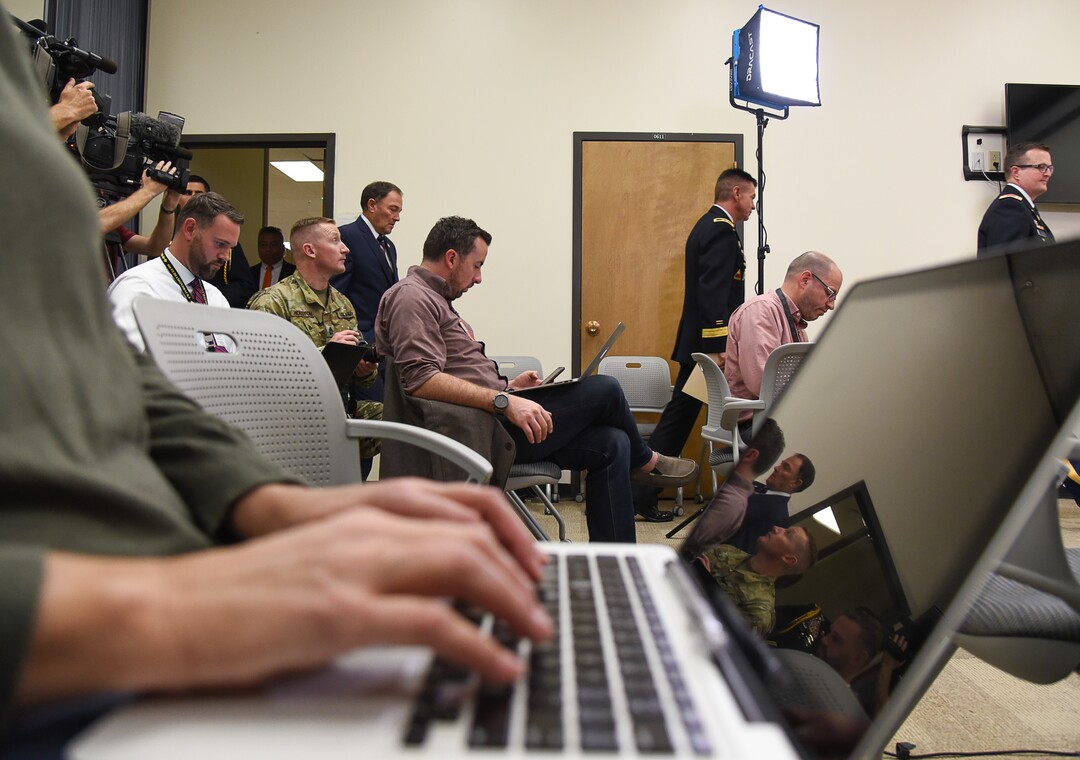 (Francisco Kjolseth  |  The Salt Lake Tribune)  The press gather as Gov. Gary R. Herbert and Maj. Gen. Jefferson S. Burton get ready to address the media on Sunday, Nov. 4, 2018, in Draper, UT, regarding the recent death of North Ogden Mayor Brent Taylor a major in the Utah National Guard, killed in Afghanistan in an apparent insider attack.