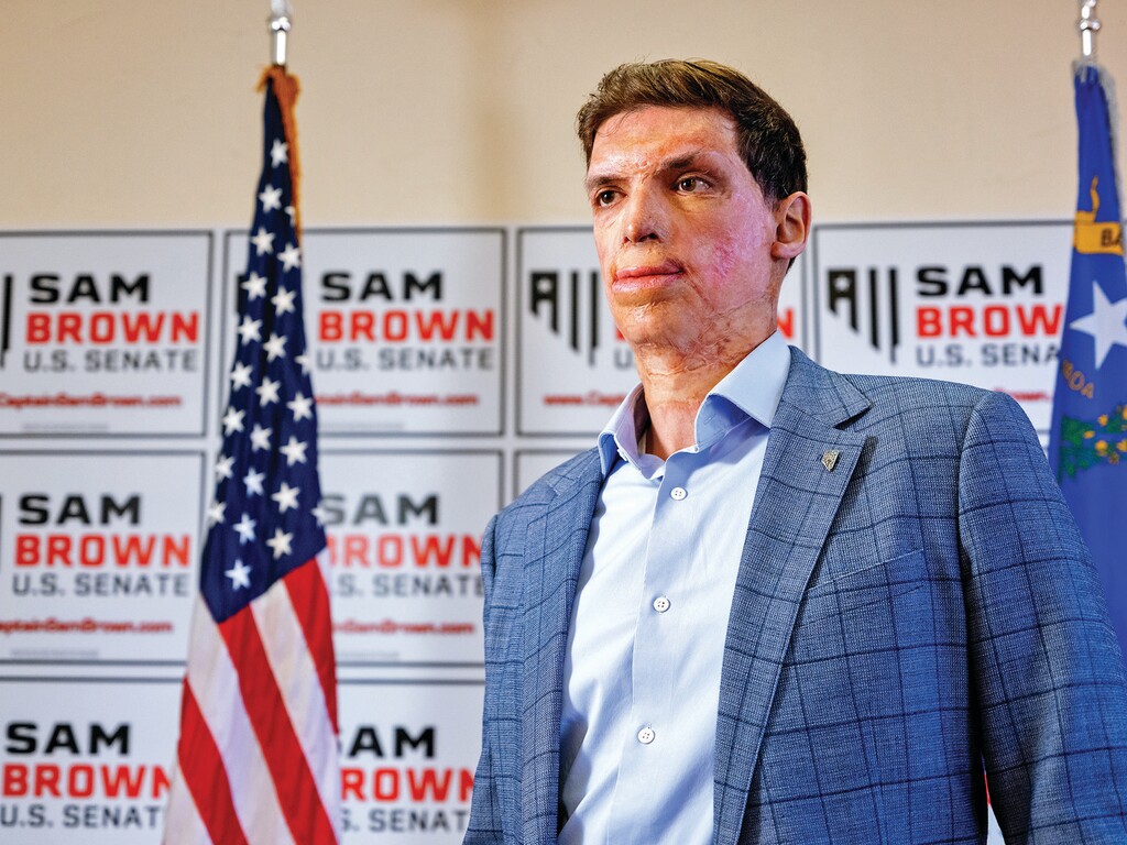 Emily Najera | The New York Times
Sam Brown, a Republican candidate for Senate, in Reno, Nev. on Saturday, April 27, 2024. Sam Brown, a former U.S. Army captain who was left permanently scarred from a Taliban bomb in 2008, won the Nevada Republican primary race for Senate.