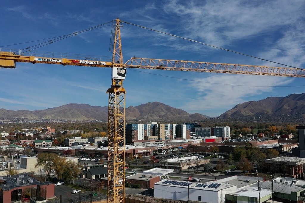 (Bethany Baker  |  The Salt Lake Tribune) Makers Line branding is seen on the side of a crane at the construction site for Atre Sugar House, a two-building development, in Salt Lake City on Friday, Nov. 10, 2023.