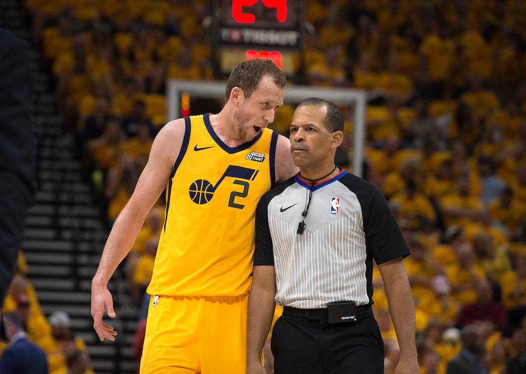 (Scott Sommerdorf | The Salt Lake Tribune)Utah Jazz forward Joe Ingles (2) talks to a referee after a first quarter foul. The Thunder led the Jazz 22-18 at the end of the 1st quarter during Game 6 of the first round playoff game, Friday, April 27, 2018.