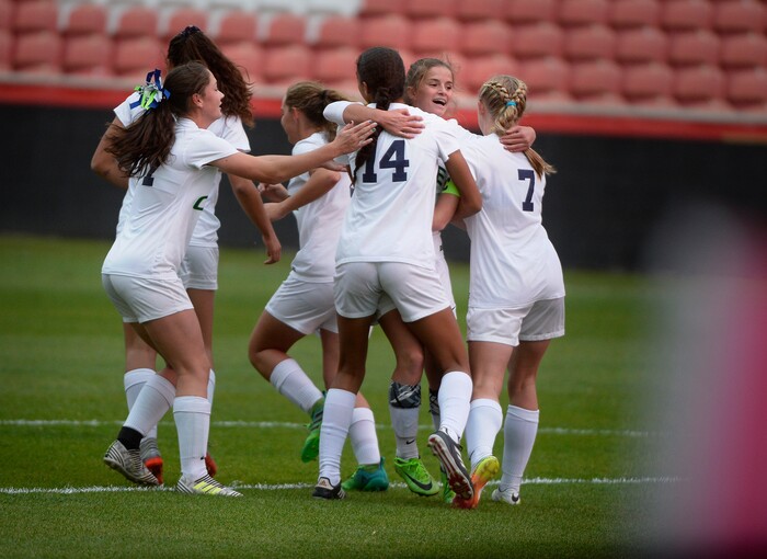 (Scott Sommerdorf | The Salt Lake Tribune)
Syracuse's Caroline Stringfellow celebrates with team mates after her goal gave them first half 1-0 lead. American Fork came back in the second half to beat Syracuse 3-1 to win the 6A championship game played at Rio Tinto, Friday, October 20, 2017.