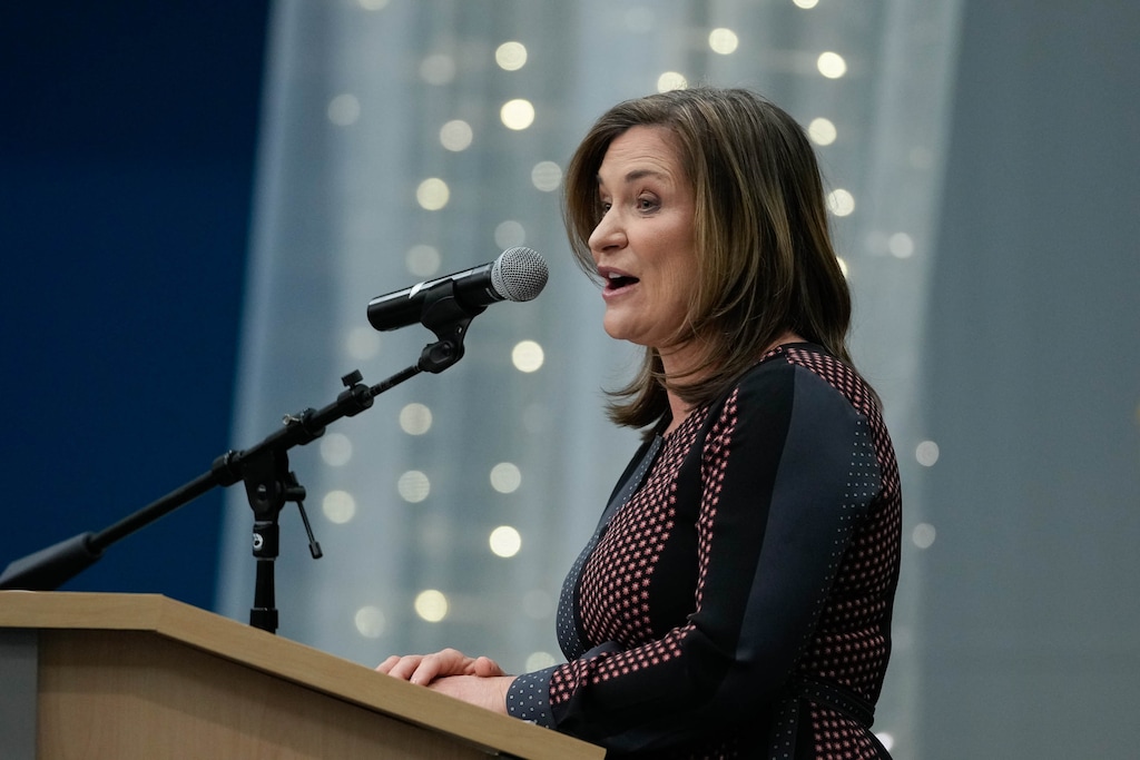 (Francisco Kjolseth | The Salt Lake Tribune) Salt Lake County Mayor Jenny Wilson gives her State of the County address in West Jordan on Monday, Jan. 23, 2023.