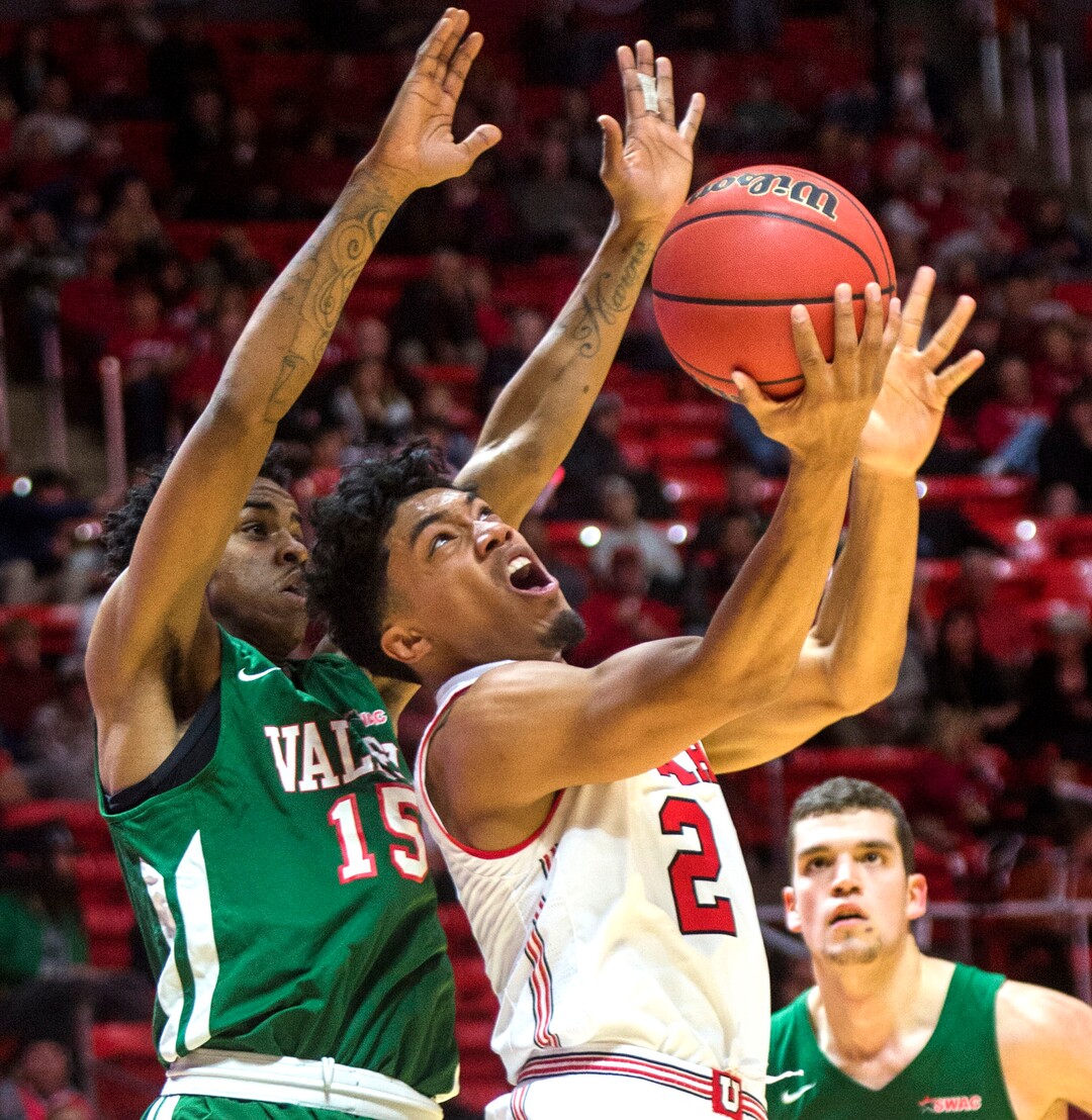 (Rick Egan  |  The Salt Lake Tribune)    Utah Utes guard Sedrick Barefield (2) takes the ball to the hoop, as Mississippi Valley State Delta Devils guard Michael Green (15) defends, in basketball action between Utah Utes and Mississippi Valley State Delta Devils at the Jon M. Huntsman Center, Thursday, Nov. 15, 2018.