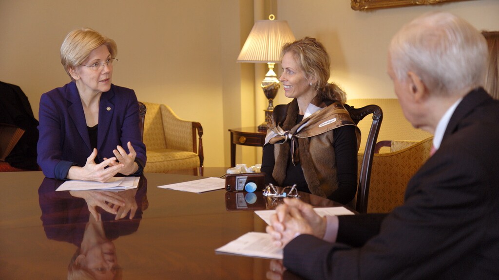 (Below the Belt) Sen. Elizabeth Warren, Mary Alice Hatch and Sen Orrin Hatch meet to discuss funding for endometriosis research, in a scene from the documentary "Below the Belt," scheduled to air Wednesday, June 21, 2023, on KUED, PBS Utah.