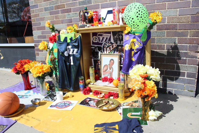 (Christopher Kamrani | The Salt Lake Tribune) A Utah Jazz playoff shrine on the corner of 200 East and 300 South in downtown Salt Lake City on Monday, April 23, 2018.
