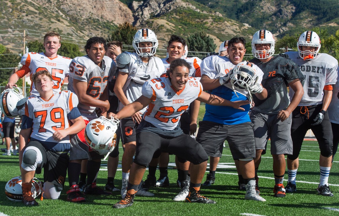 (Rick Egan  |  The Salt Lake Tribune)  Ogden football players pose for a photo during practice. The mood at practice has changed after the team broke its 36-game losing streak last week. Wednesday, September 13, 2017.