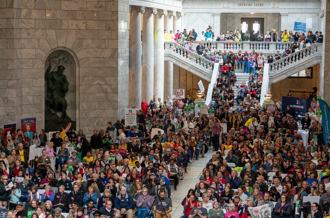 (Rick Egan  |  The Salt Lake Tribune)     Hundreds of pro life supporters listen to speaker at the March for Life Utah rally at the Utah State Capitol, Saturday, Jan. 25, 2020.