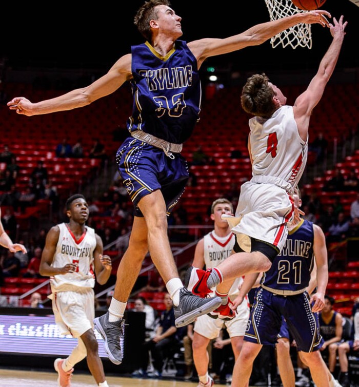 (Trent Nelson | The Salt Lake Tribune)  Skyline vs. Bountiful, 5A State high school basketball tournament at the Huntsman Center in Salt Lake City, Wednesday Feb. 28, 2018. Skyline's Tim Lont (33) blocks a shot by Bountiful's David Stevenson (4)
