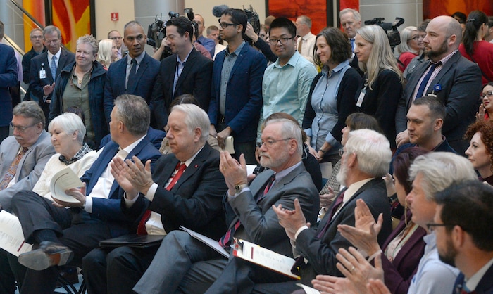 (Al Hartmann  |  The Salt Lake Tribune) 	
Miller family and University of Utah Health Sciences leaders, (front row) applaud researchers (standing) who will work with the $5.3 million gift from Larry H. and Gail Miller Family Foundation to fight diabetes, called "Driving Out Diabetes:  A Larry H. Miller Wellness Initiative."
