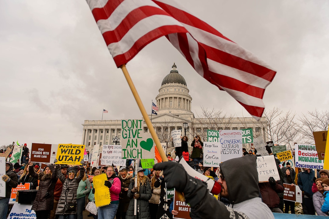 (Trent Nelson | The Salt Lake Tribune)  Protesters rally against a visit by President Donald Trump, Monday December 4, 2017.
