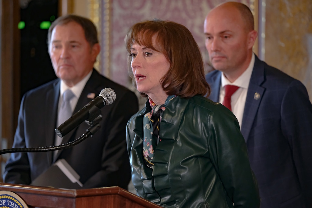 (Francisco Kjolseth | The Salt Lake Tribune) Sydnee Dickson, superintendent of public instruction in Utah, is joined on Friday, March 13, 2020, by Gov. Gary Herbert, left, and Lt. Gov. Spencer Cox at the Capitol in Salt Lake City, as they announced a "soft closure" of all Utah K-12 public schools for the next two weeks, effective Monday, in the ongoing effort to minimize the spread of the coronavirus.