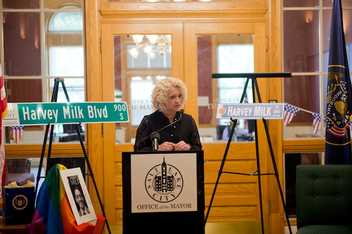 (Rachel Molenda | The Salt Lake Tribune)
Salt Lake City Mayor Jackie Biskupski speaks at a ceremony where she was given the Harvey Milk Civil Rights Award by the International Imperial Court at the Salt Lake City-County Building in Salt Lake City, Utah, on Friday, May 25, 2018.