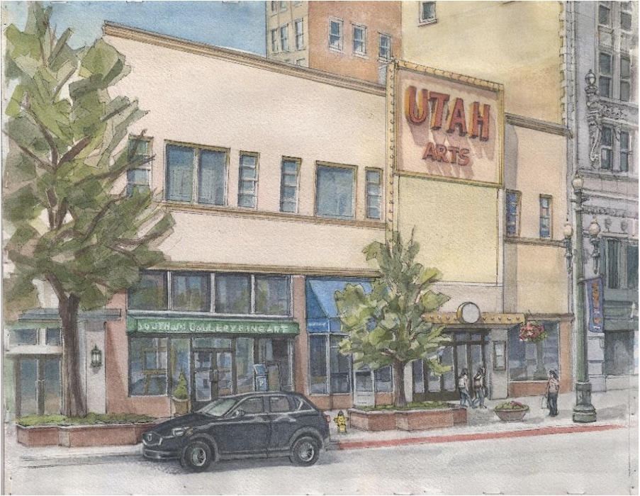 (Salt Lake City, via Modern Out West) Watercolor of Main Street exterior. Before demolition, the once-majestic Utah Theater on Salt Lake City’s Main Street — a dilapidated and vacant 102-year-old performing arts hall once known as Pantages Theater — is being documented in a vast digital archive, hosted by J. Willard Marriott Library at the University of Utah.
