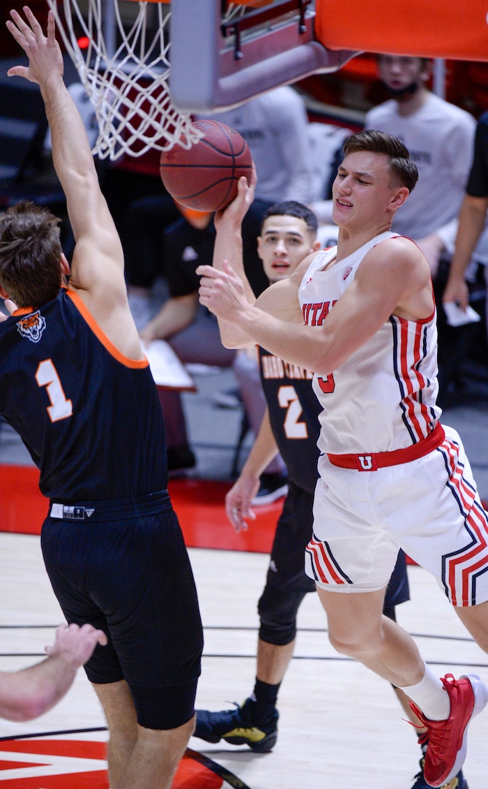 (Leah Hogsten  |  The Salt Lake Tribune) Utah Utes guard Pelle Larsson (3) looks for the pass during the NCAA basketball matchup with Idaho State Tuesday, Dec. 8, 2020 at the Jon M. Huntsman Center.