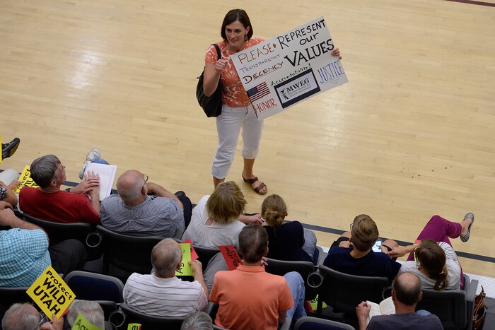(Scott Sommerdorf   |  The Salt Lake Tribune)   
Audience members spoke with each other prior to the beginning of Congressman Rob Bishop's town hall meeting held at Layton Christian Academy in Layton, Utah, Friday, August 25, 2017.
