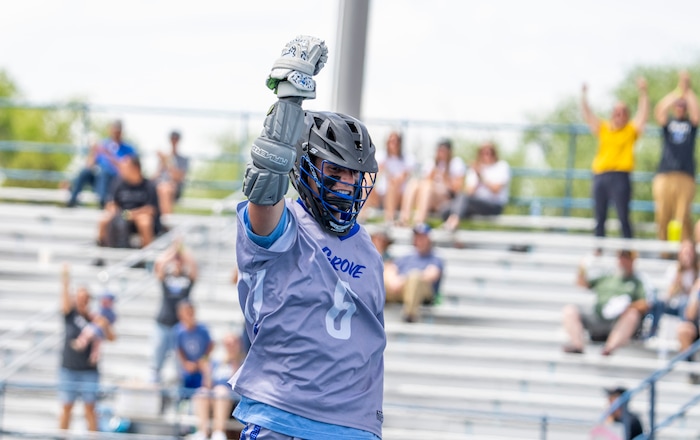 (Rick Egan | The Salt Lake Tribune) James Livingston (6) celebrates a goal for Pleasant Grove, in the Division C championship game between the Viewmont Vikings and the Pleasant Grove Vikings, in Layton, on Saturday, May 29, 2021.