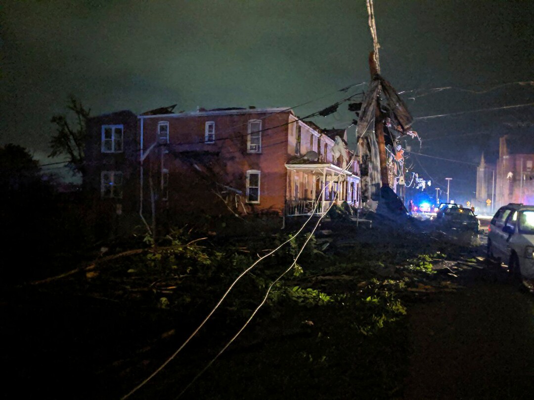 (Photo courtesy of Stechshultsy via AP) This image posted on Twitter account of Stechshultsy shows tornado-hit Jefferson City. MO., Thursday, May 23, 2019. The National Weather Service has confirmed a large and destructive tornado has touched down in Missouri's state capital, causing heavy damage and trapping multiple people in the wreckage of their homes.