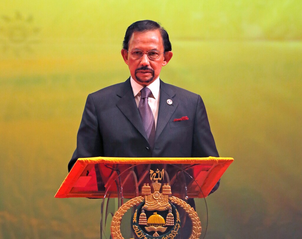 (Vincent Thian | AP file photo)
In this Oct, 10, 2013, photo, Brunei's Sultan Hassanal Bolkiah speaks during the closing ceremony and handover of the ASEAN Chairmanship to Myanmar in Bandar Seri Begawan. The sultan announced to implement Islamic criminal laws that punishes gay sex by stoning offenders to death. The legal change in the tiny, oil-rich monarchy, which also includes amputation for theft, is due to come into force Wednesday, April 3, 2019.