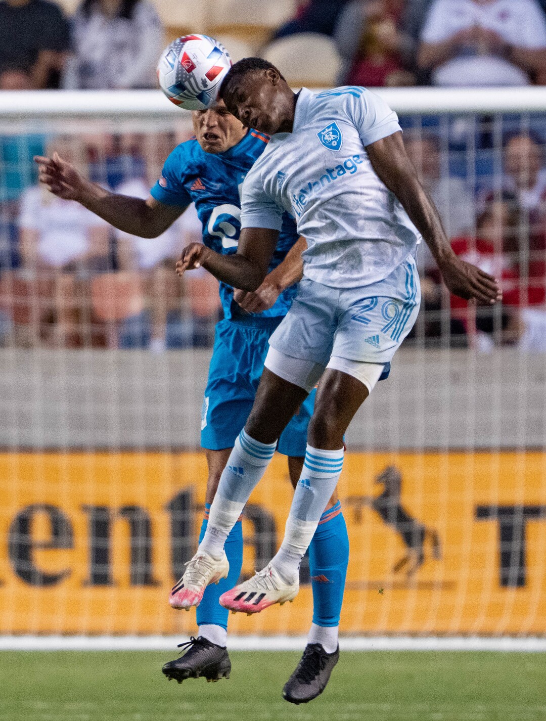 (Francisco Kjolseth | The Salt Lake Tribune) Minnesota United defender Chase Gasper (77) and Real Salt Lake midfielder Anderson Julio (29) go for a header in MLS action between Real Salt Lake and Minnesota United FC at Rio Tinto Stadium in Sandy, on Saturday, May 29, 2021.