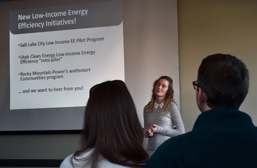 (Scott Sommerdorf   |  The Salt Lake Tribune)   Emma Rieves of Utah Clean Energy speaks at the Breathe Clean Festival - an event designed to inform the public about short and long-term solutions to improve our environment and individual, family and public health, Saturday, November 18, 2017. 