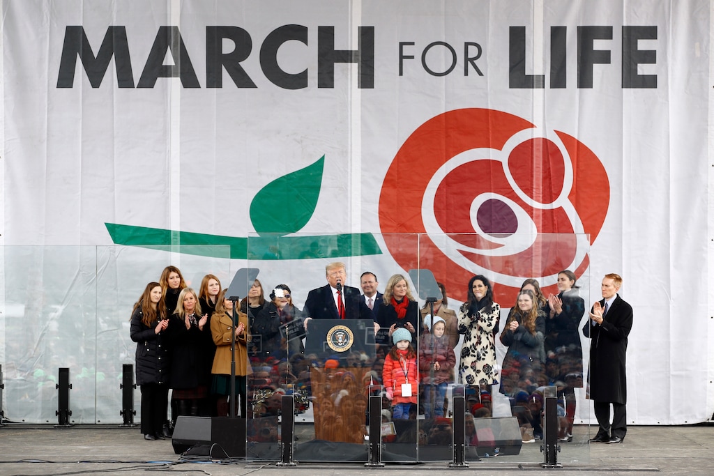 (Patrick Semansky | AP file photo) President Donald Trump speaks at the "March for Life" rally on the National Mall in Washington, Friday, Jan. 24, 2020. The Supreme Court vacancy created by the death of Justice Ruth Bader Ginsburg is heightening a sense of alarm among supporters of abortion rights. And it’s fueling a surge of optimism among abortion opponents.