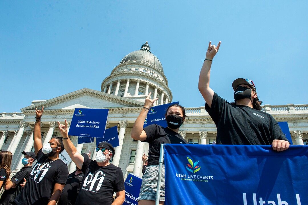 (Rick Egan  |  The Salt Lake Tribune)     More than 100 members of Utah Live Events Industry Association rally at the State Capitol in a silent march to call attention to the state of their industry, on Tuesday, July 21, 2020.