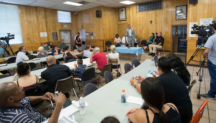 (Rick Egan  |  The Salt Lake Tribune)  Speaker Greg Hughes talks about the homeless problem with westside residents who say that the crackdown on crime in the Rio Grande area has pushed homeless people and drug activity toward their neighborhoods. Friday, August 25, 2017.


