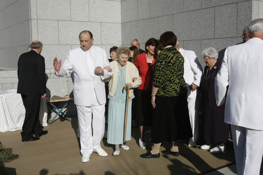(Rick Egan  |  The Salt Lake Tribune) President Thomas S. Monson, and his wife, Frances, walk away from the cornerstone after it was laid in a ceremony at the new Draper Temple in July 2007.
