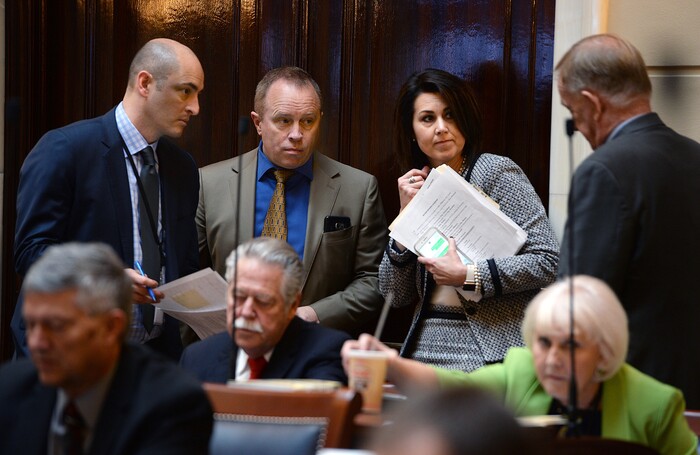 (Scott Sommerdorf   |  The Salt Lake Tribune)  
Sen. Deidre Henderson, R-Spanish Fork, confers about a  Rules Committee report on the Senate floor, Thursday, January 25, 2018.