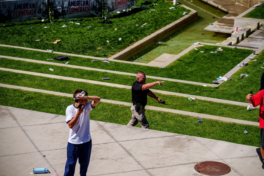 (Trent Nelson | The Salt Lake Tribune) Police respond after a gunshot was fired at an appearance by Charlie Kirk at Utah Valley University in Orem on Wednesday, Sept. 10, 2025.
