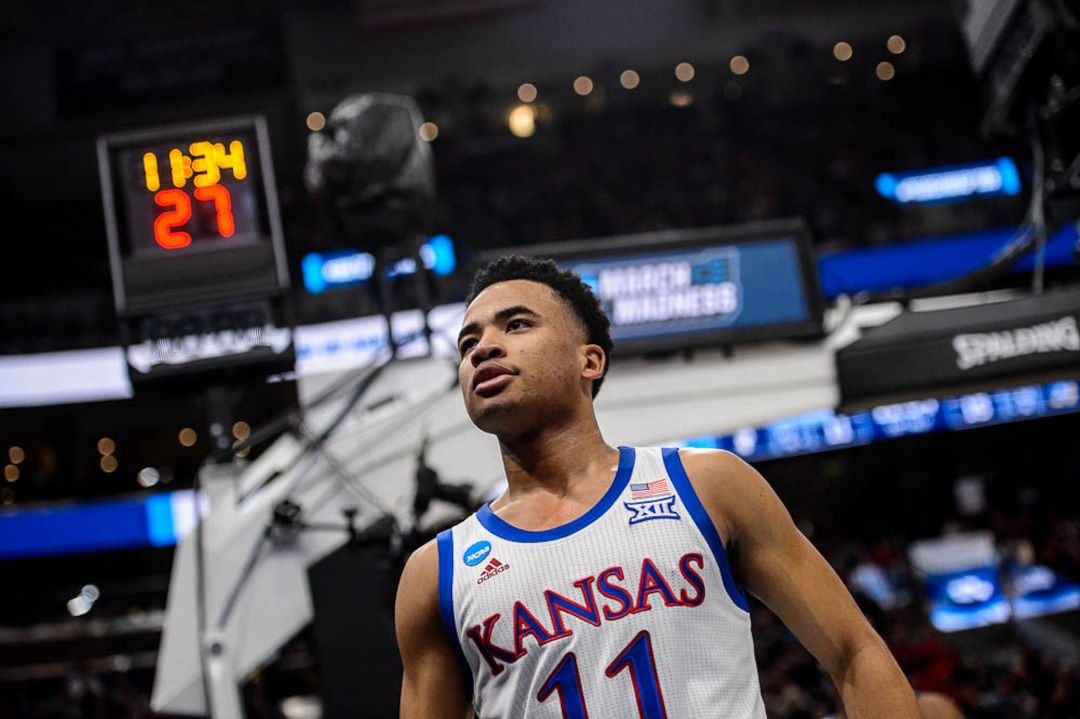 (Trent Nelson | The Salt Lake Tribune)  Kansas Jayhawks guard Devon Dotson (11) as Kansas faces Northeastern in the 2019 NCAA Tournament in Salt Lake City on Thursday March 21, 2019.